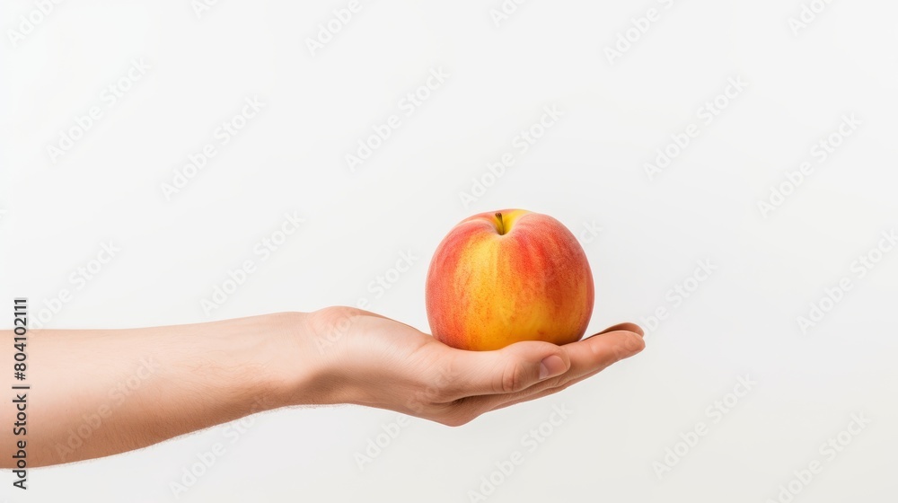 a hand presenting a ripe peach with a minimalist white backdrop a hand presenting a ripe peach with a minimalist white backdrop