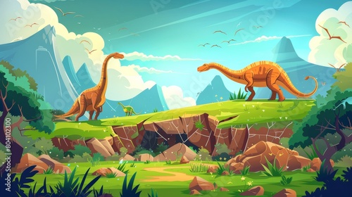 An ancient landscape with dinosaurs, mountains, green grass and cracks in the ground after a major earthquake. An ancient scene with ancient reptiles in Jurassic or Cretaceous time. photo