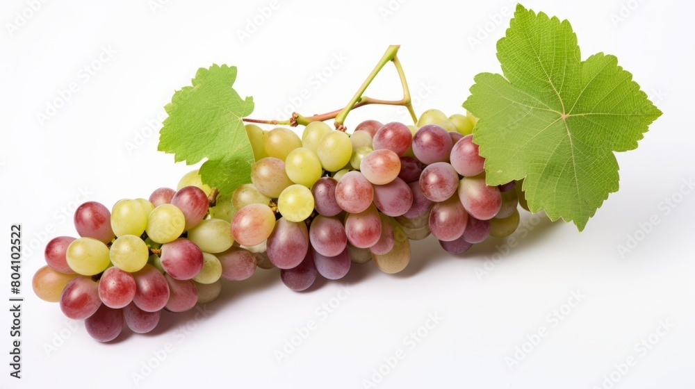 ripe grapes with green and red hues, accompanied by vibrant green leaves against a white background ripe grapes with green and red hues, accompanied by vibrant green leaves against a white background