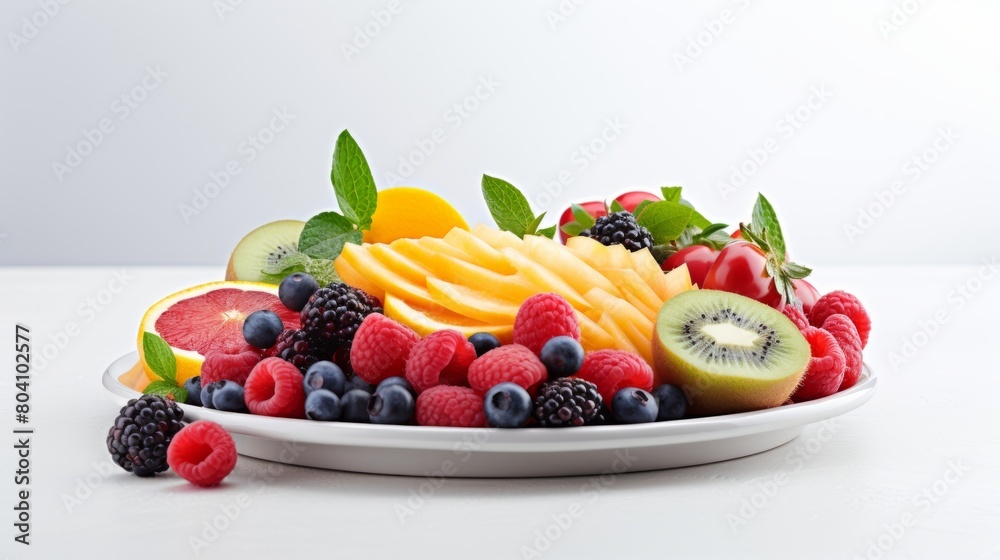 fresh fruits on a white plate white background highlighted by the vivid colors and textures of berries, kiwi, and orange slices, garnished with mint leaves. fresh fruits on a white plate white background highlighted by the vivid colors and textures of berries, kiwi, and orange slices, garnished with mint leaves.