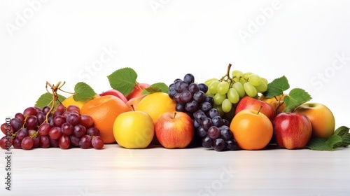 a vibrant assortment of fresh fruits  including grapes  oranges  a lemon  and apples  all adorned with green leaves  set against a light background.