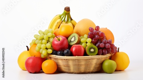 fresh fruits in a wicker basket, highlighting a variety of colors and shapes against a white background.