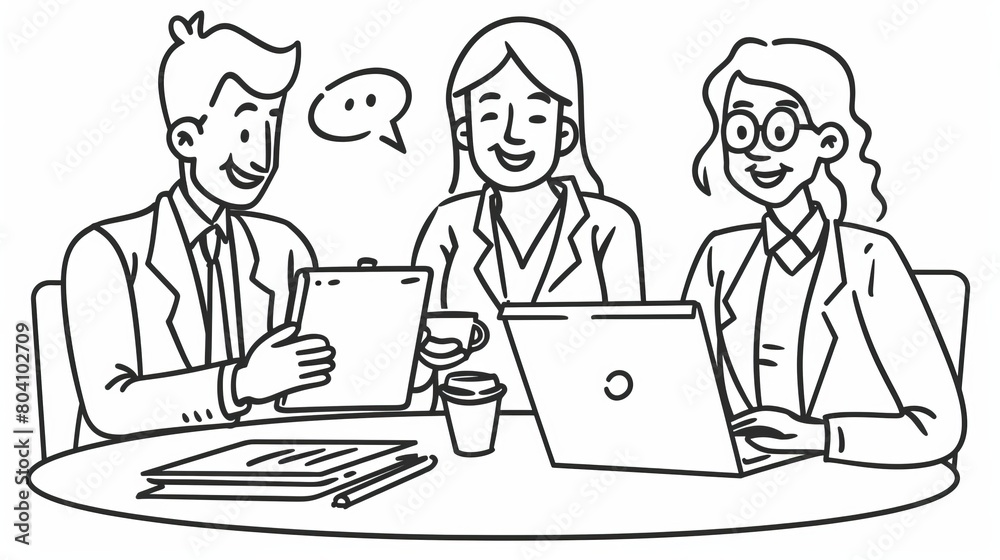 Linear modern illustration of corporate employees teamwork, businessman with laptop and woman holding coffee cup discussing working issues. Linear modern illustration of corporate employees teamwork, businessman with laptop and woman holding coffee cup discussing working issues.