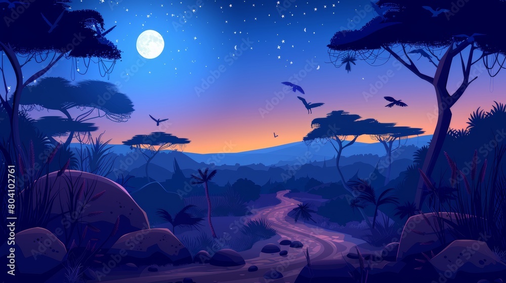An African savannah landscape at night, twilight view of wild nature in Africa, cartoon background with birds flying in starry skies with the full moon. Kenya nighttime, Modern illustration. An African savannah landscape at night, twilight view of wild nature in Africa, cartoon background with birds flying in starry skies with the full moon. Kenya nighttime, Modern illustration.