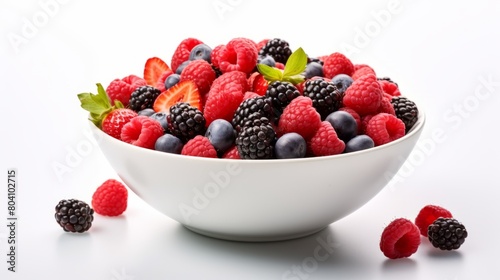 A vibrant mix of fresh berries in a white bowl against a white background