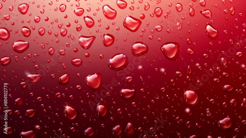 Droplets of rain or dew on a red background. Modern illustration showing condensation of steam, vapor, or fog on wet surfaces.