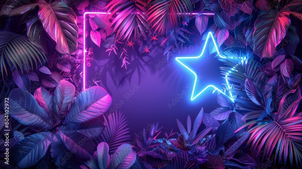 neon background with tropical leaves, using a color palette of purple and magenta