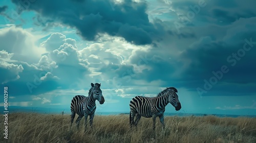 Portrait of two zebras in the wild under a bright blue sky
