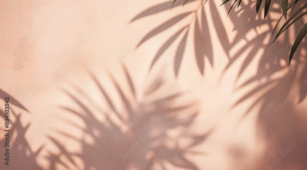 Palm leaf shadows on a pastel peach wall. Minimalistic and natural concept for backgrounds and templates. Banner with copy space.