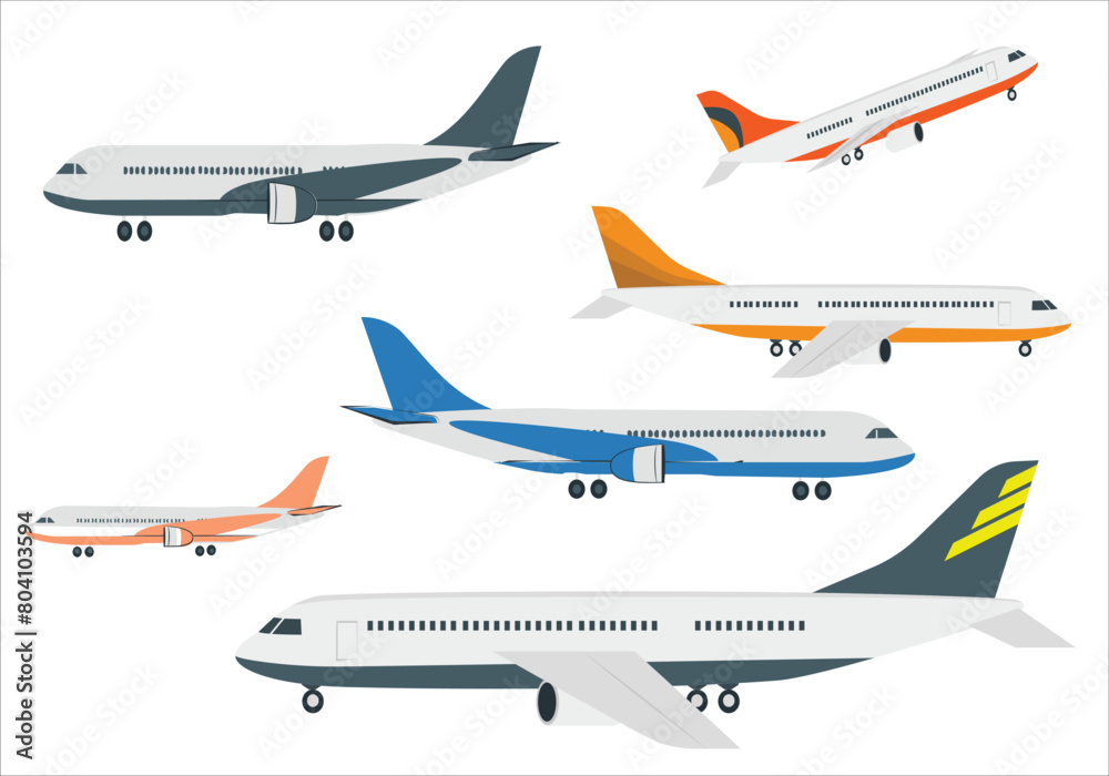 Passenger and cargo airplane isolated vector illustration. Airplane side view illustration. Modern types of airplane. Set of aircraft. Realistic aircraft. Passenger airplane in different views.
1310