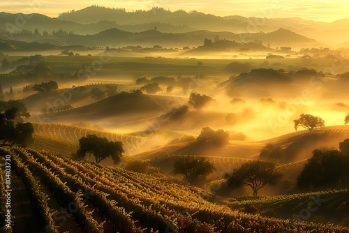 Peaceful vineyard hills with sunrise and fog layers