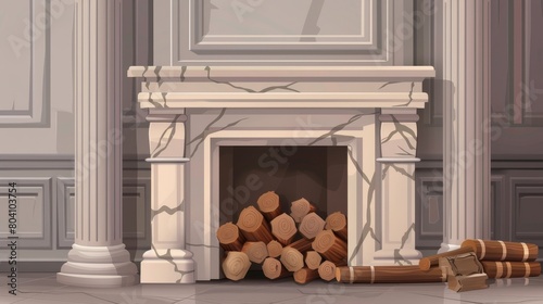 Modern realistic illustration of a marble fireplace with wooden logs inside an empty living room interior.