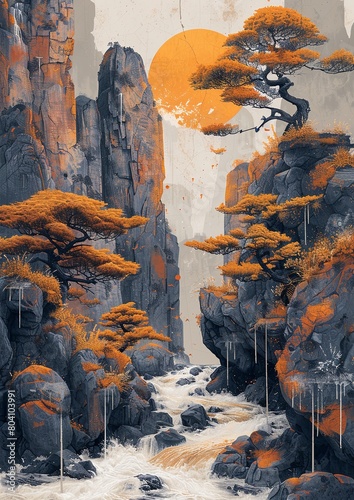Platinum Sun and Moon: Oriental Winds, Towers, Oak Trees on Slate Grey Canvas photo