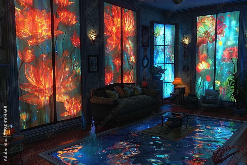 Enchantment: Ethereal Living Room with Cascading Water Features, Holographic Walls, and Iridescent Furniture