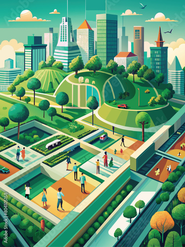 Vibrant Urban Park Scene with Cityscape Background
