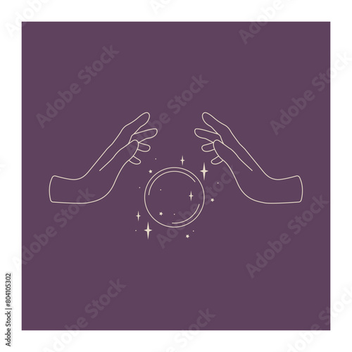 Female hands logo in minimal linear style. Vector logo design template with hands holding magic sphere. For beauty salon, tattoo, cosmetics, spa, manicure. Concept of Esotericism, Sorcery, Fortune.
