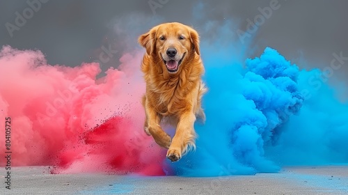 Playful dog in vibrant holi colors, joyfully jumping amidst festival celebrations