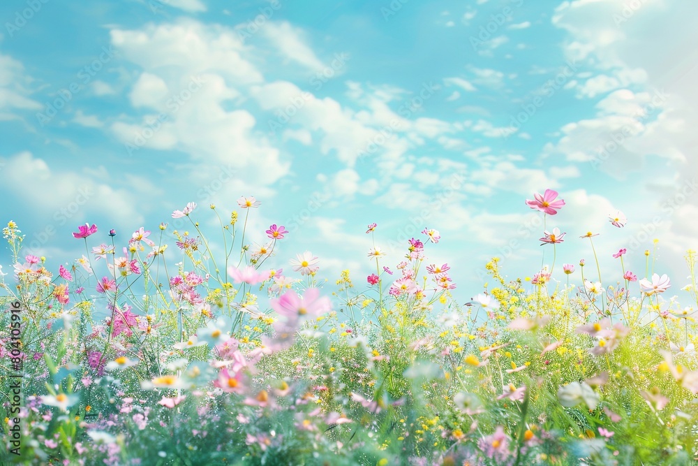 Wild Flower Meadow: Tranquil Spring Blossoms in Pastel Panorama Wild Flower Meadow: Tranquil Spring Blossoms in Pastel Panorama