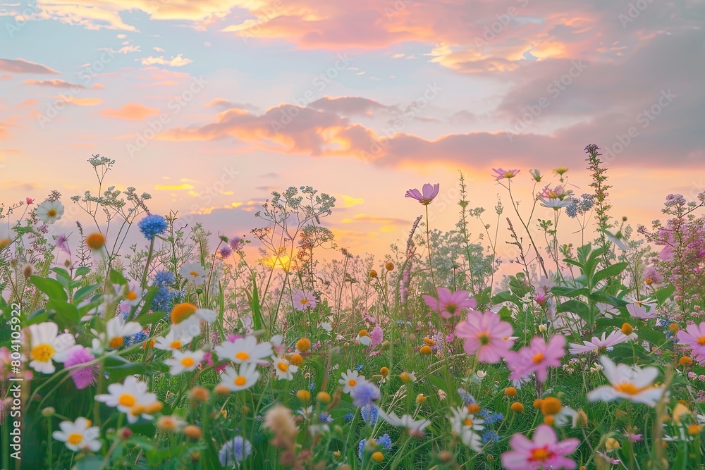 Wild Flower Meadow: Pastel Sunset Sky Over Calm Rural Scene