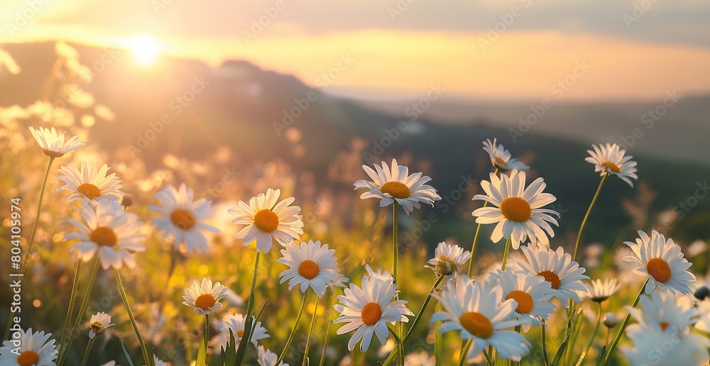 Field of daisies at sunset with mountain background. Warm summer and travel concept for greeting cards and calendars. Banner with copy space.