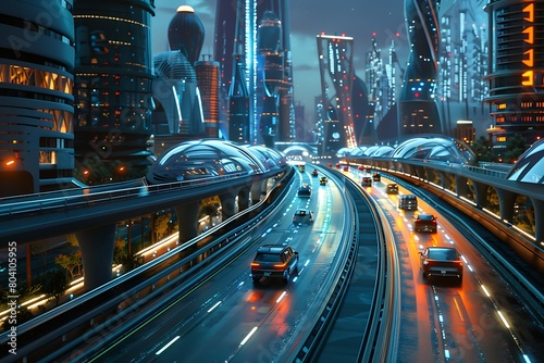 Piezoelectric energy harvesters lining a futuristic highway. photo