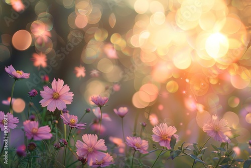 Wildflower Meadow  Pink Blossoms   Tranquil Sunset Bokeh