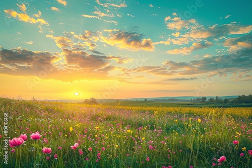 Wild Flowers Sunset Sky Panoramic Landscape: Rural Scene with Vibrant Colors