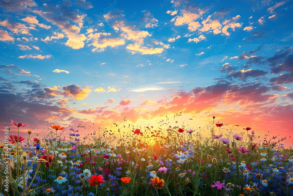 Wildflowers Harmony: Blue Sunset Sky Over Idyllic Meadow