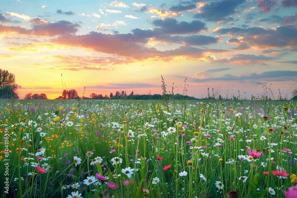 Sunset Wildflower Serenity: A Rural Landscape Beneath a Dappled Sky