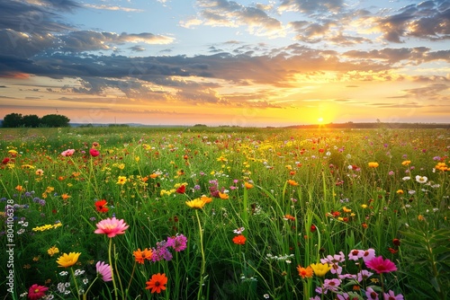 Calm Wildflower Field at Sunset: Tranquil Rural Scene Under Cloud-Filled Sky
