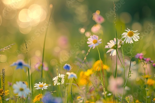 Wild Nature Flowers Meadow Wallpaper: Tranquil Beauty with Bokeh Effect photo