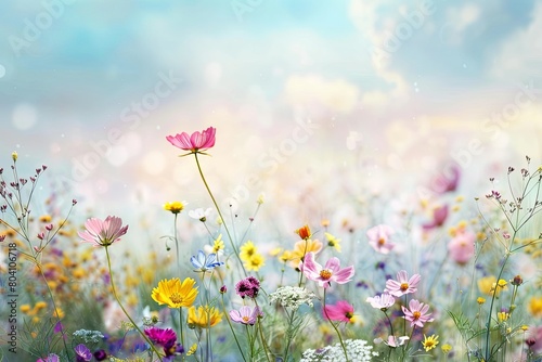 Pastel Floral Serenity: Uncultivated Wild Flower Meadow Landscape