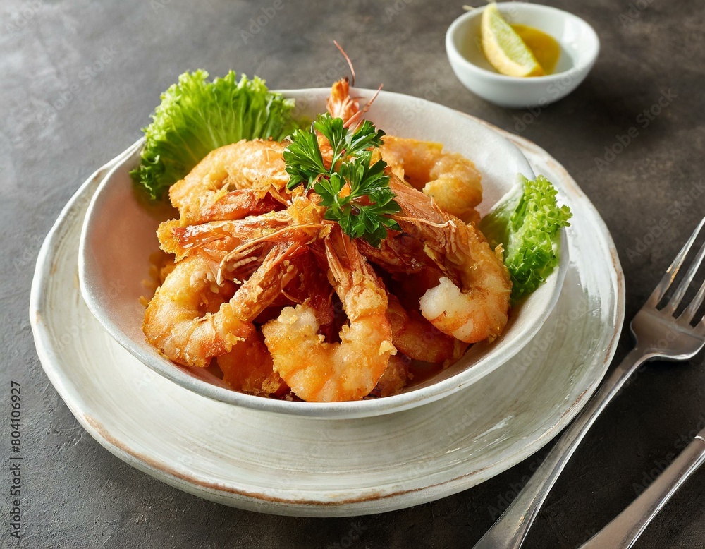 Frittiertes Shrimpsfleisch ohne Kopf schön angerichtet Frittiertes Shrimpsfleisch ohne Kopf schön angerichtet
