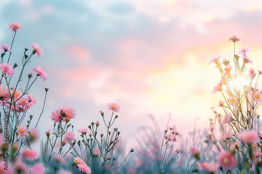 Wild Flowers Twilight: Pink Blossoms in Soft Light Under Pastel Skies