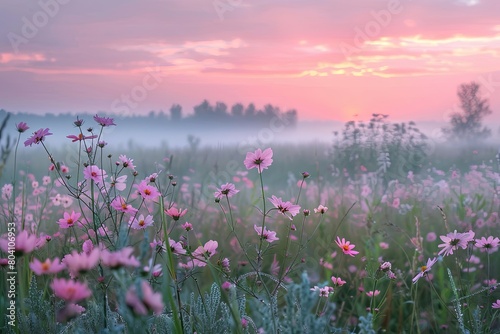 Twilight Solitude: Pink Wildflowers in Rural Sunset Scene