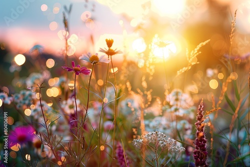 Wild Nature Flowers Dusk Panorama: Summer Beauty Bokeh Lights © Michael