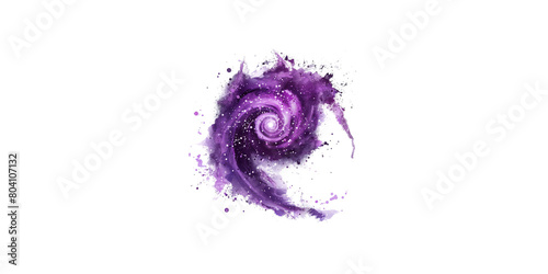 ,
White background, purple galaxy, vector illustration, purple color splashes around the center of the spiral galaxy, white space in between