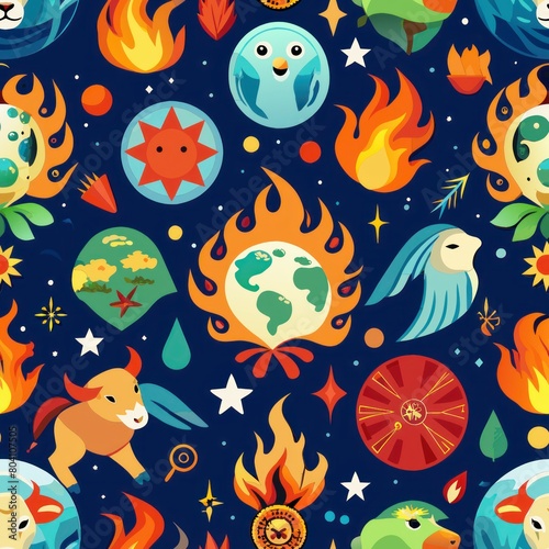 Seamless pattern of zodiac elements like fire, earth, air, and water, Generative AI