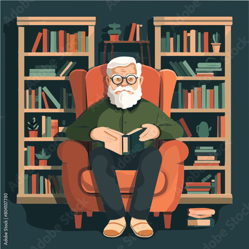 Old man, grandpa sitting in armchair in home library
