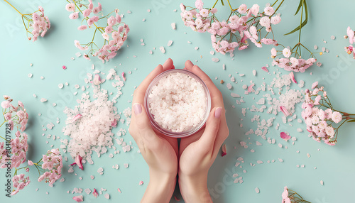 Female hands with jar of body scrub, cosmetic products, sea salt and gypsophila flowers on color background photo