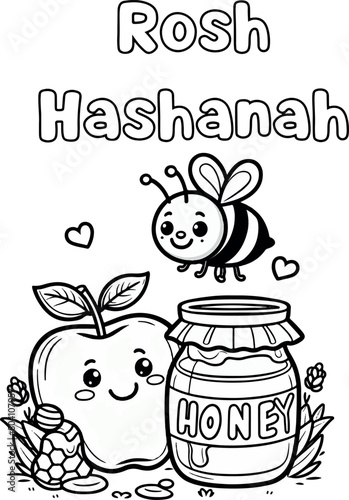 Rosh Hashanah Coloring Page – Bee, Apple, Honey, Jewish New Year Symbols – Black and White Vector for Kids