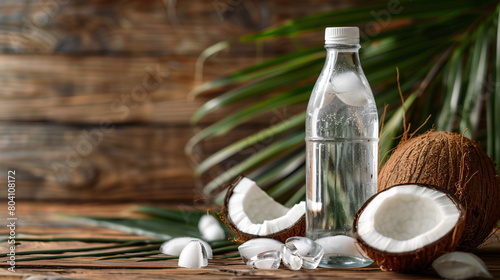 Bottle of fresh coconut water on wooden background