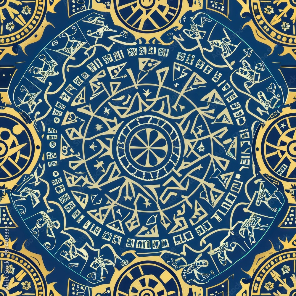 Seamless pattern of zodiac glyphs arranged in a circular mandala, Generative AI Seamless pattern of zodiac glyphs arranged in a circular mandala, Generative AI