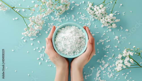 Female hands with jar of body scrub, cosmetic products, sea salt and gypsophila flowers on color background photo