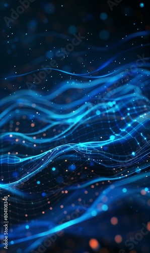 colorful abstract background with shiny neon glowing blue waves and surface with dots, technology and cyberspace background