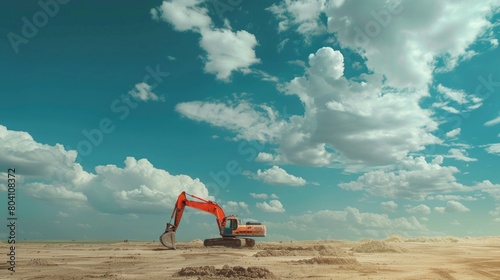 A large orange excavator is sitting in a desert