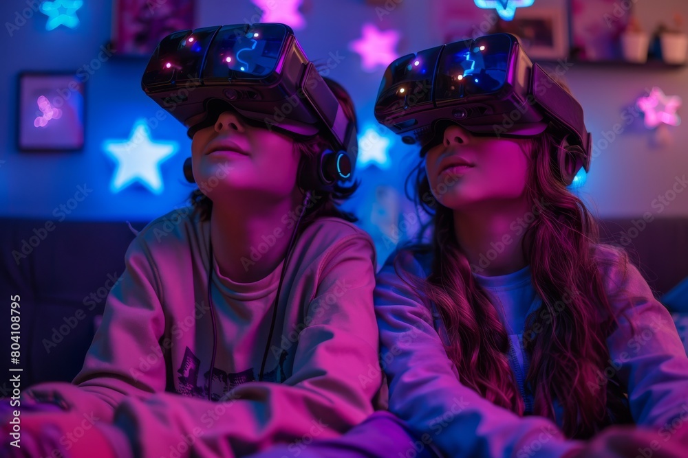 Brother and sister sitting side by side, wearing VR headsets surrounded by star shaped lights Brother and sister sitting side by side, wearing VR headsets surrounded by star shaped lights