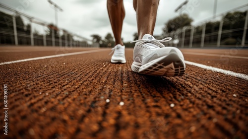 close-up of a runner s feet wearing running shoes  ready to start a race on a running track  Ai generated Images