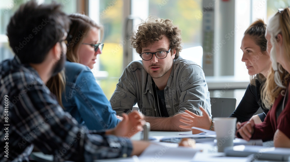 A group of individuals engaged in conversation and collaboration while sitting around a table during a workshop session. Ai generated