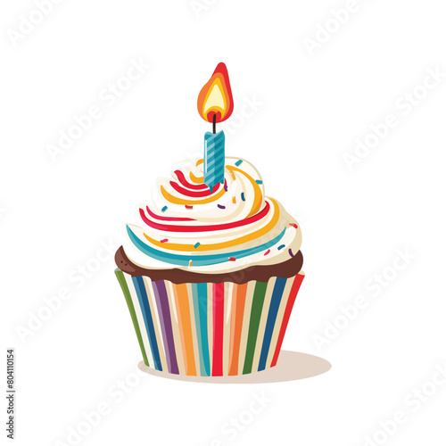 a cupcake with rainbow colored icing and a candle on top of it.